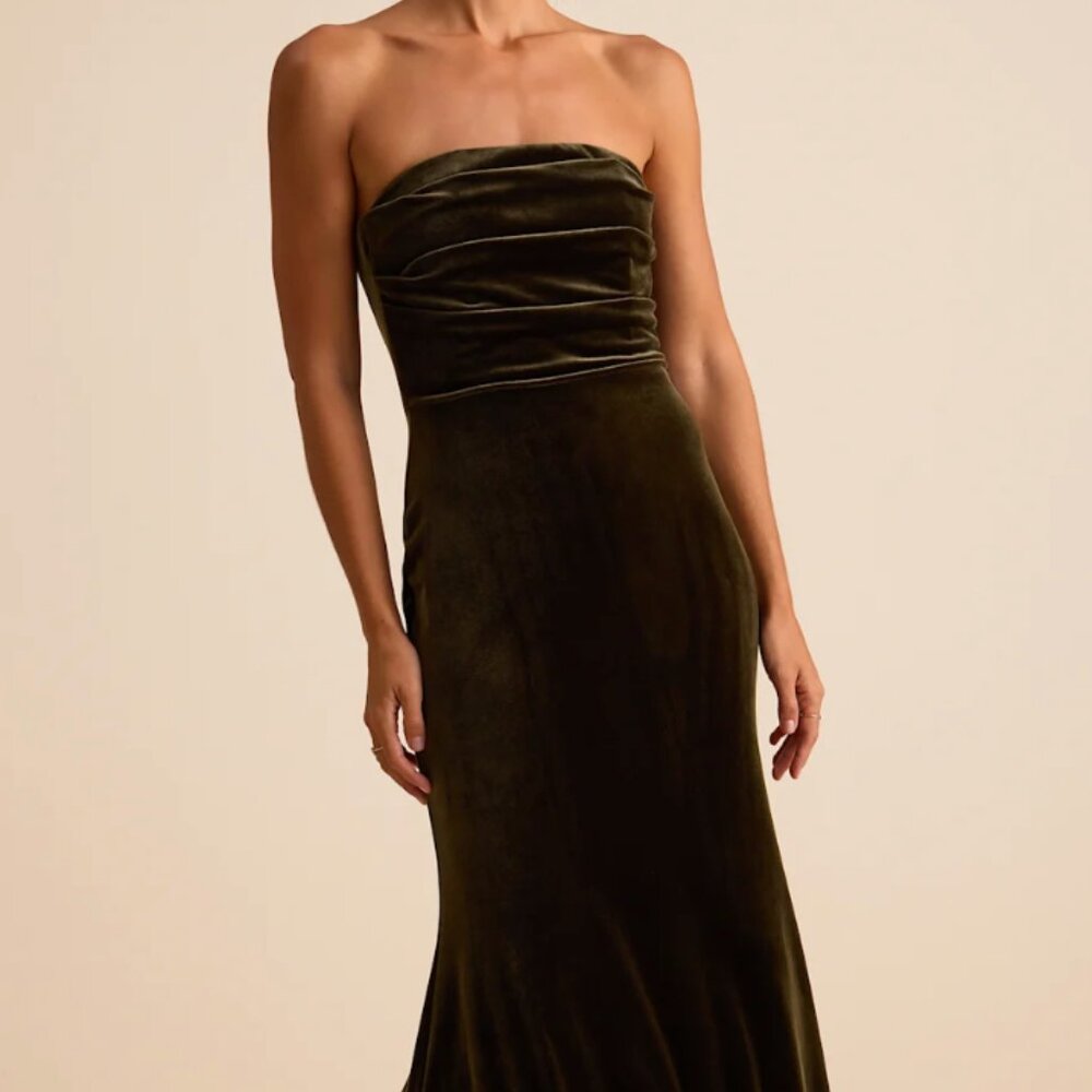 NWT Lulus Maren Olive Velvet Strapless Mermaid Maxi Dress